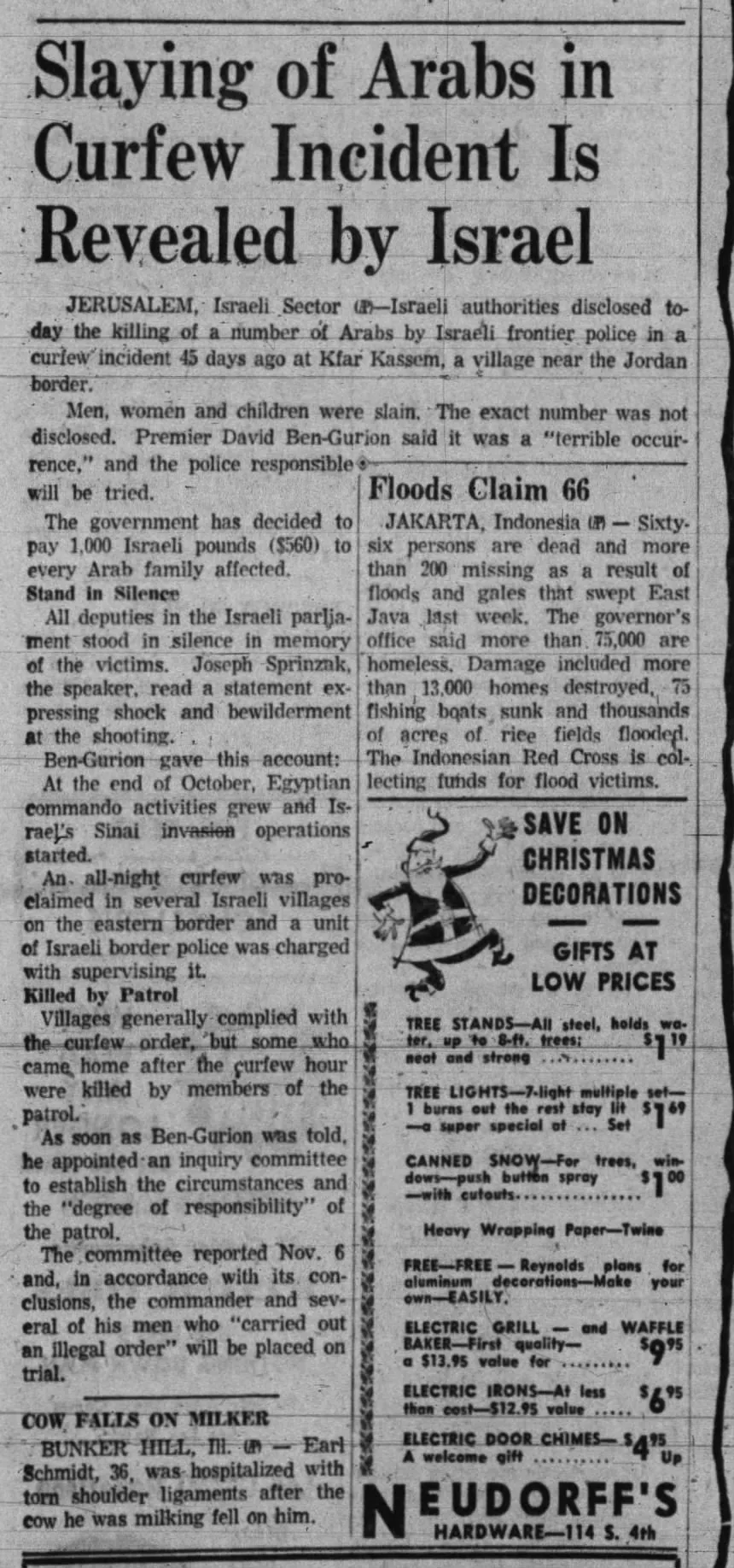 Slaying of Arabs in Curfew Incident Is Revealed by Israel &mdash; St. Joseph news Press, 12 December 1956