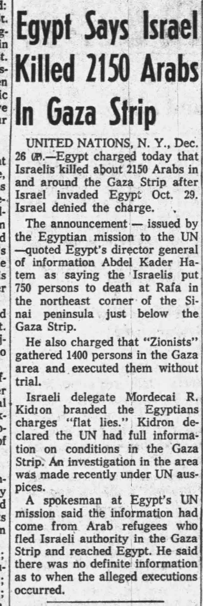 Egypt Says Israel Killed 2,150 Arabs In Gaza Strip &mdash; St. Louis Globe Democrat, 29 December 1956