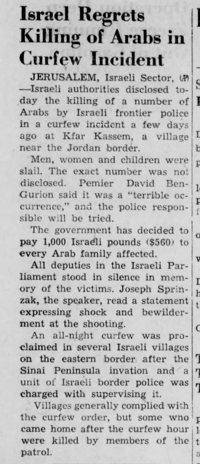 Israel Regrets Killing of Arabs in Curfew Incident &mdash; The Nome Nugget, 12 December 1956