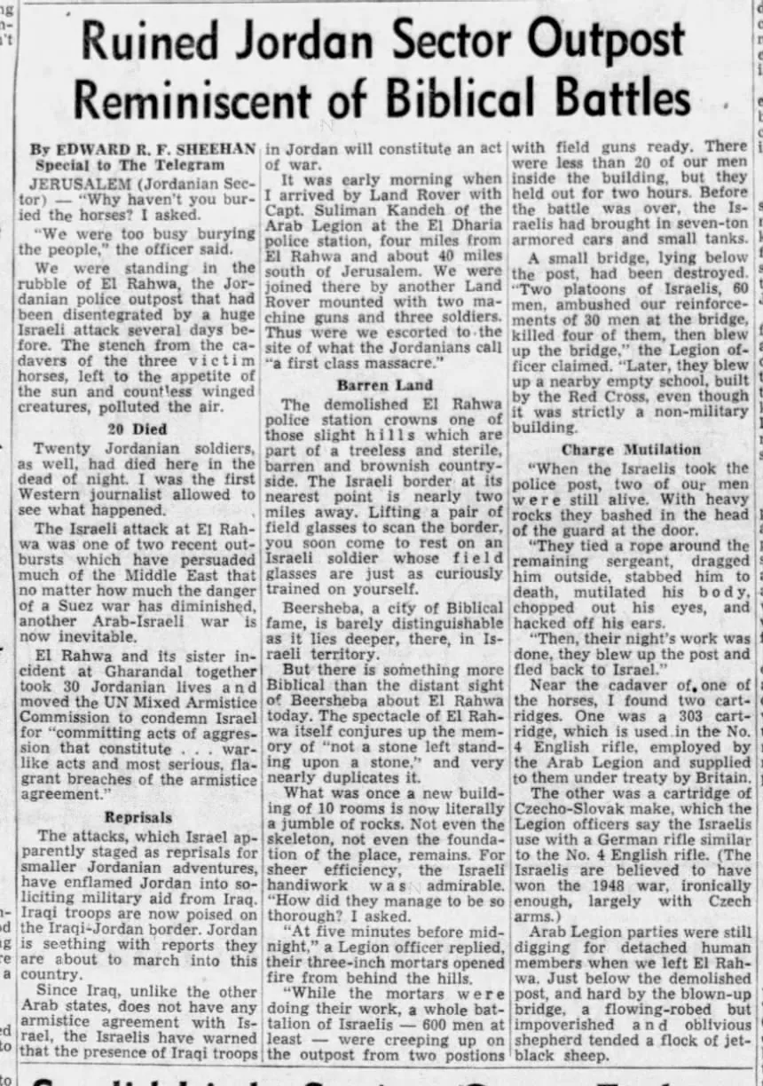 Ruined Jordan Sector Outpost Reminiscent of Biblical Battles &mdash; Worcester Telegram, 7 October 1956
