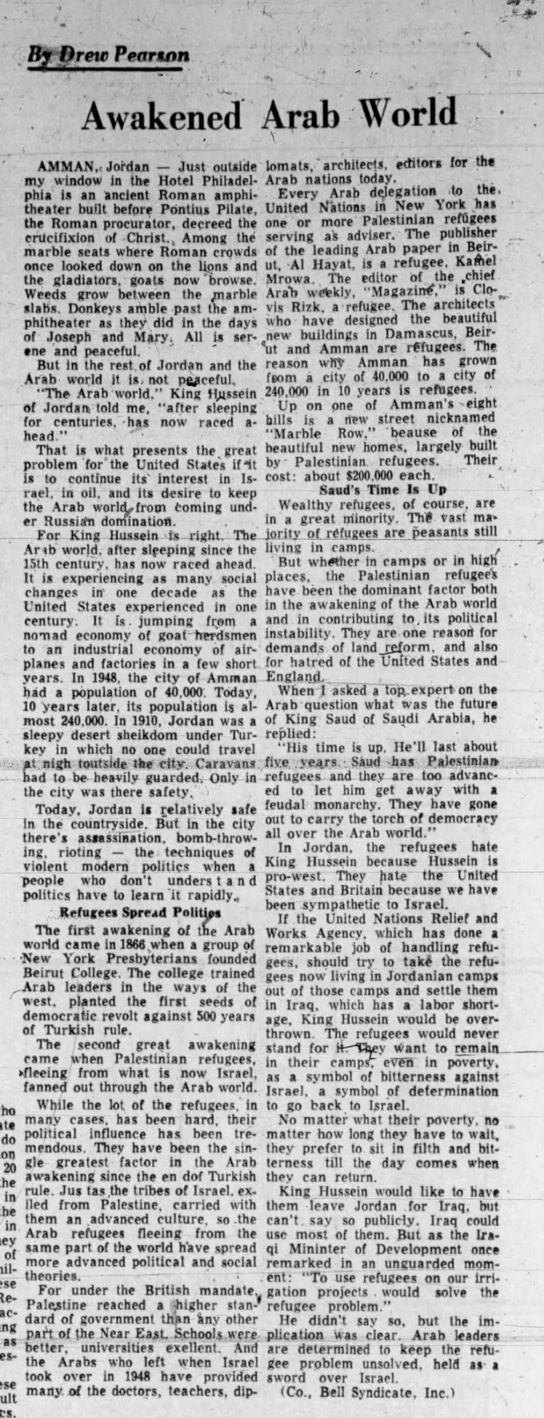 Drew Pearson in Amman &mdash; Valley News, 1 October 1957