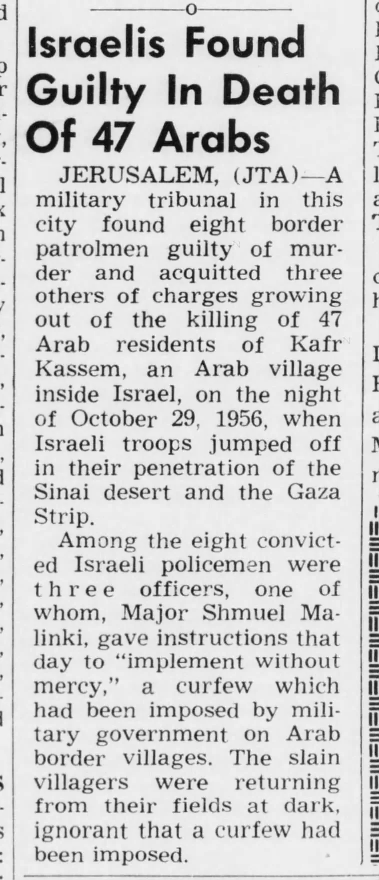 Israelis Found Guilty In Death Of 47 Arabs &mdash; Arizona Post, 17 October 1958