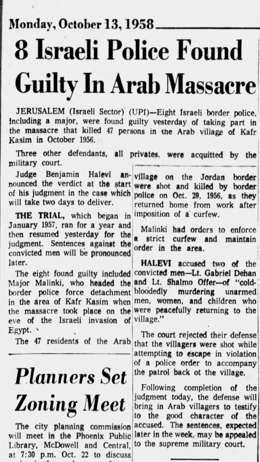 8 Israeli Police Found Guilty In Arab Massacre &mdash; Arizona Republic, 13 October 1958