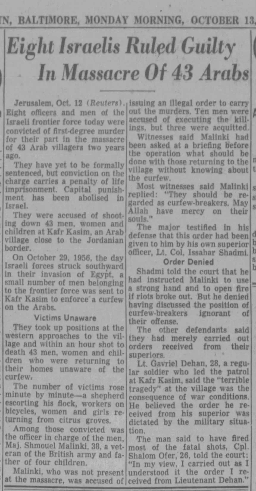 Eight Israelis Ruled Guilty In Massacre Of 43 Arabs &mdash; Baltimore Sun, 13 October 1958