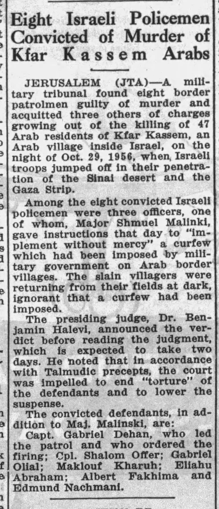 Eight Israeli Policemen Convicted of Murder of Kfar Kassem Arabs &mdash; Buffalo Jewish Review, 17 October 1958