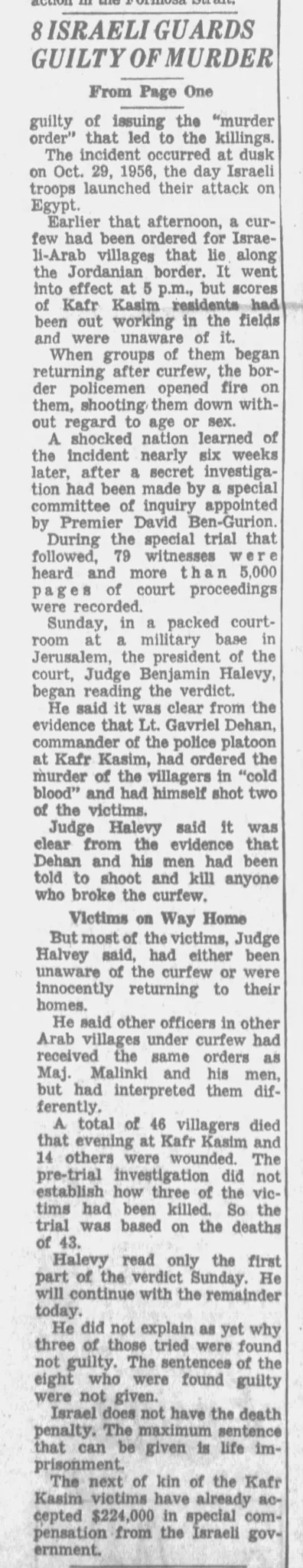 8 ISRAELI GUARDS GUILTY OF MURDER &mdash; Chattanooga Daily Times, 13 October 1958
