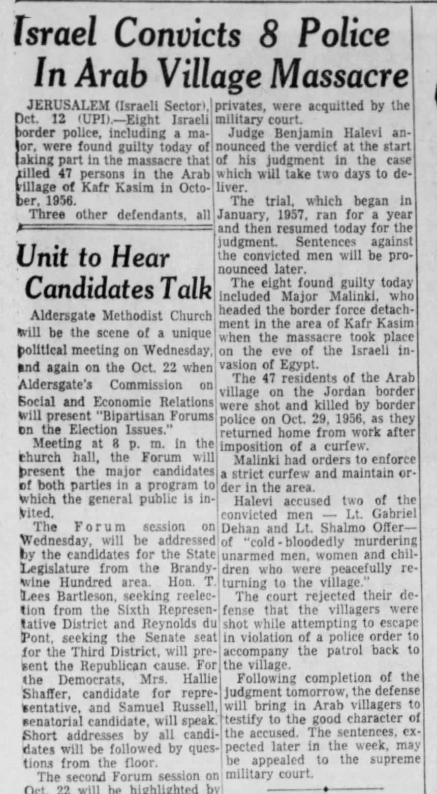 Israel Convicts 8 Police In Arab Village Massacre &mdash; Morning News, 13 October 1958