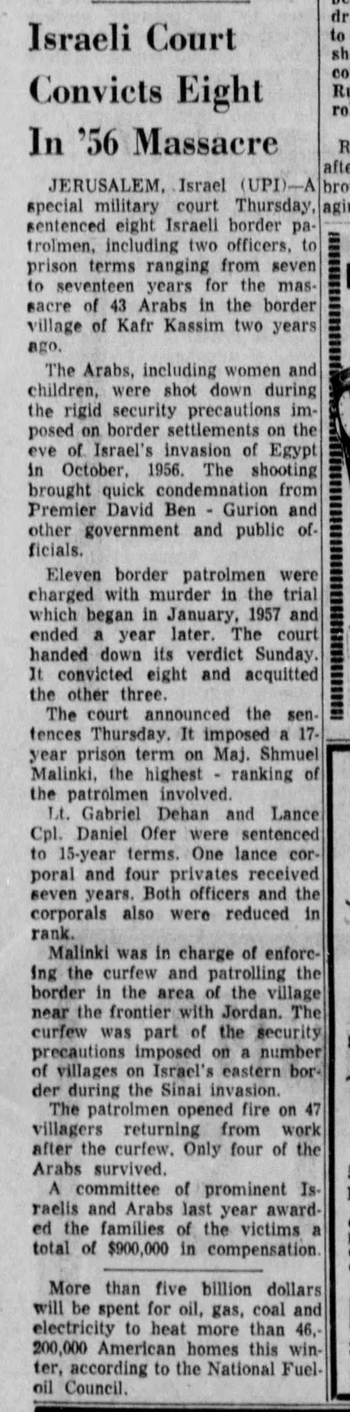 Israeli Court Convicts Eight In ’56 Massacre &mdash; Palm Beach Post, 17 October 1958