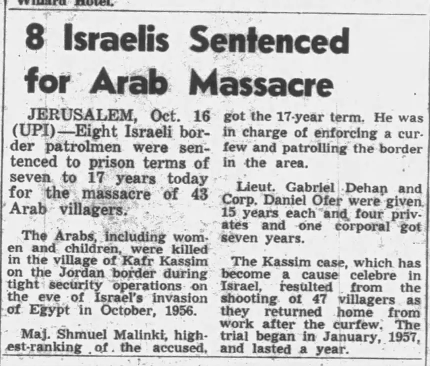 8 Israelis Sentenced for Arab Massacre &mdash; Washington Daily News, 16 October 1958