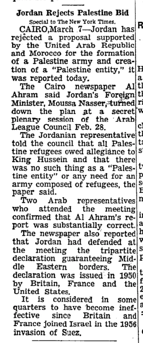 Jordan Rejects Palestine Bid &mdash; The New York Times, 8 March 1960