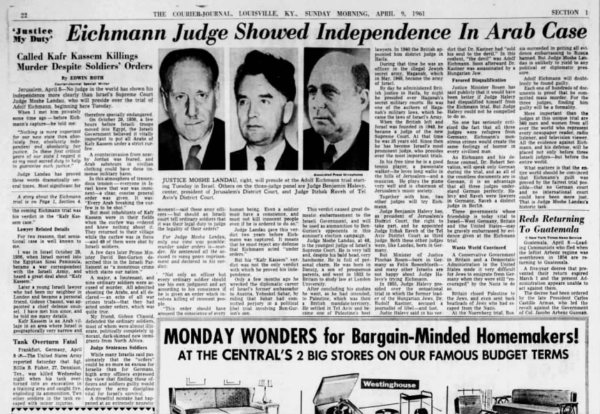 Eichmann Judge Showed Independence In Arab Case &mdash; Courier Journal, 9 April 1961