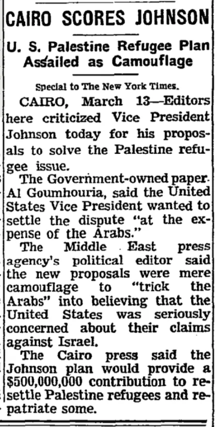 Cairo Scores Johnson Plan &mdash; The New York Times, 14 March 1961