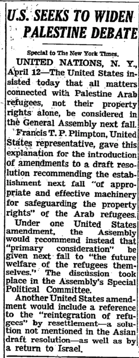 U.S. Seeks to Widen Palestine Debate &mdash; The New York Times, 13 April 1961