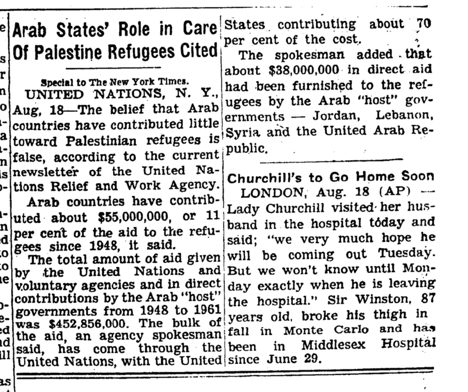 Arab States' Role in Care of Palestine Refugees Cited &mdash; The New York Times, 19 August 1962