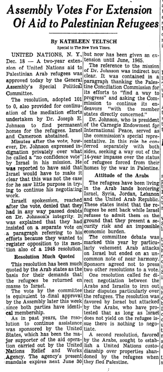 Assembly Votes For Extension Of Aid to Palestinian Refugees &mdash; The New York Times, 19 December 1962