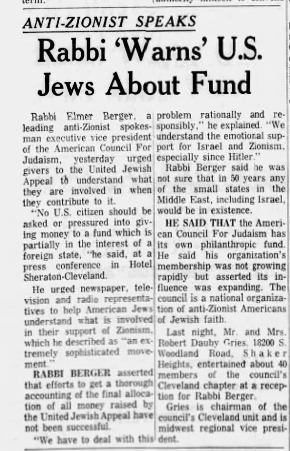 Rabbi ‘Warns’ U.S. Jews About Fund — The Plain Dealer, 23 October 1963
