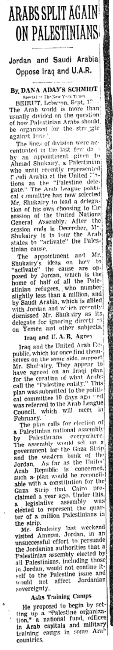 Arabs Split Again on Palestinians &mdash; The New York Times, 22 September 1963