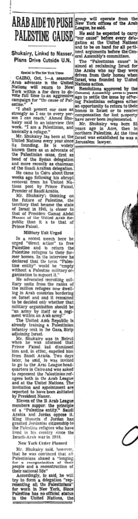 Arabs to Push Palestine Cause &mdash; The New York Times, 13 October 1963