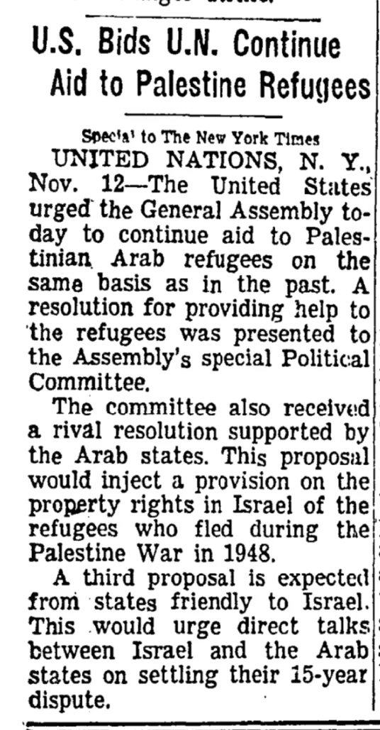 U.S. Bids U.N. Continue Aid to Palestine Refugees &mdash; The New York Times, 13 November 1963