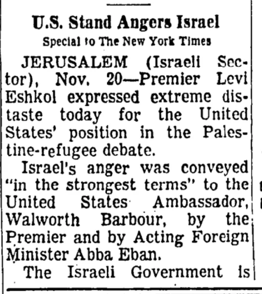 U.S. Stand Angers Israel &mdash; The New York Times, 21 November 1963