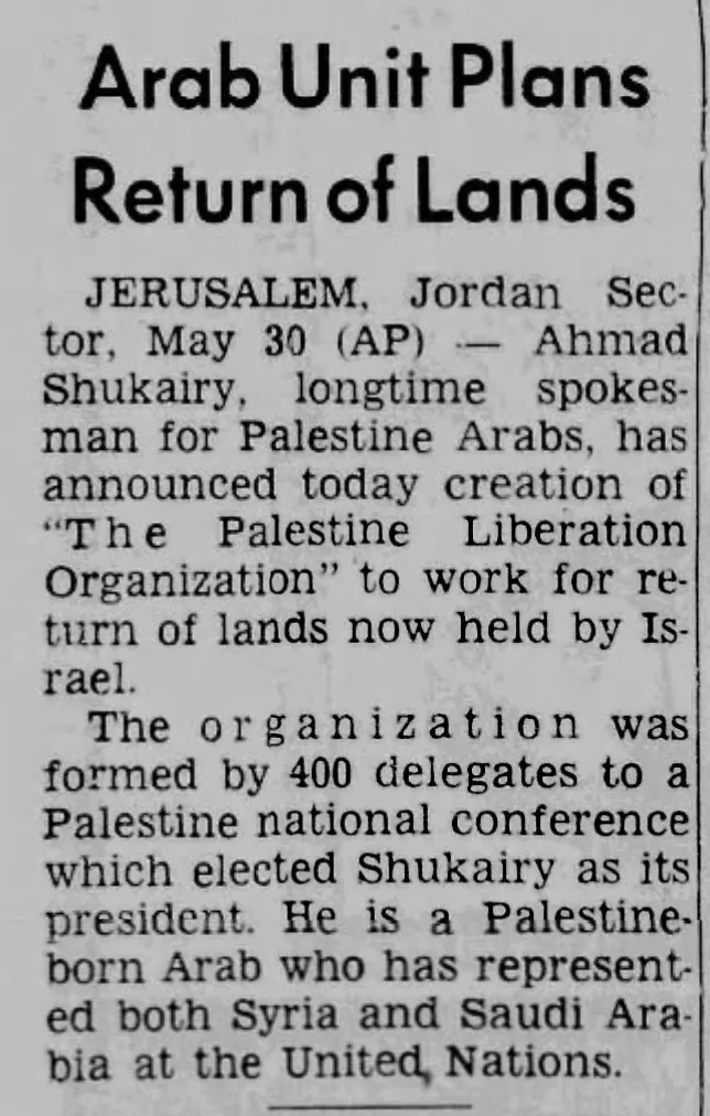 Arab Unit Plans Return of Lands &mdash; Los Angeles Herald Examiner, 31 May 1964