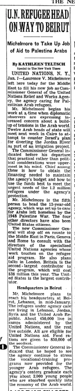 U.N. Refugee Head on Way to Beirut &mdash; The New York Times, 8 January 1964