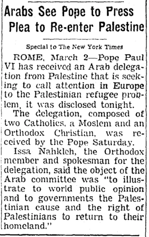Arabs See Pope to Press Plea to Re-enter Palestine &mdash; The New York Times, 3 March 1964