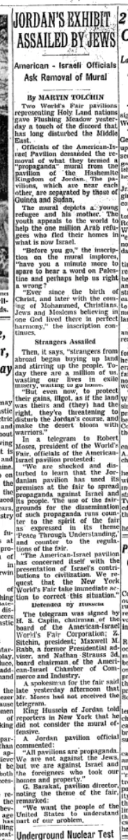 Jordan's Exhibit Assailed by Jews &mdash; The New York Times, 25 April 1964