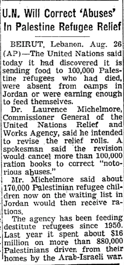 U.N. Will Correct 'Abuses' in Palestine Refugee Relief &mdash; The New York Times, 27 August 1964