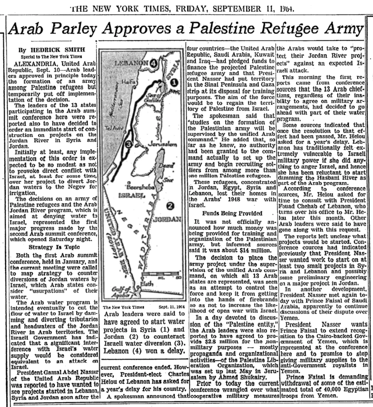 Arab Parley Approves a Palestine Refugee Army &mdash; The New York Times, 11 September 1964