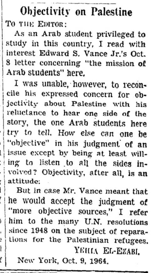 Objectivity on Palestine &mdash; The New York Times, 19 October 1964