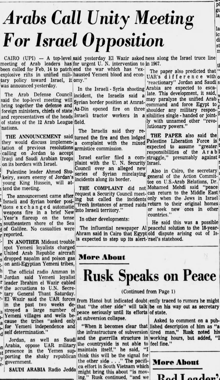 Arabs Call Unity Meeting For Israel Opposition &mdash; The Arizona Republic, 2 January 1967