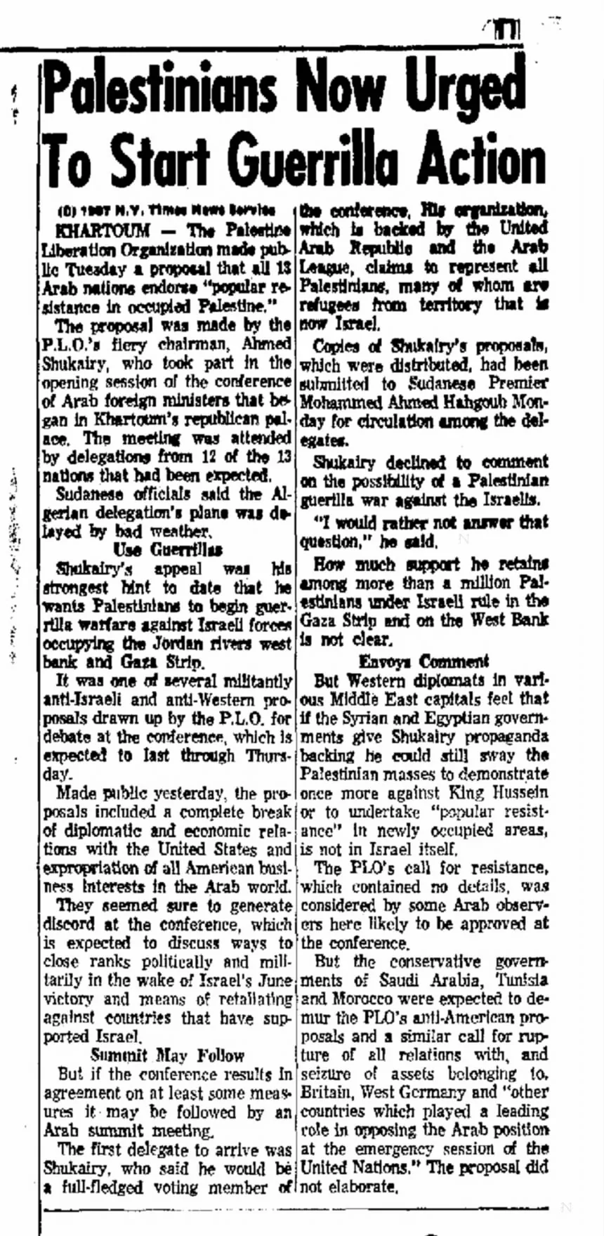 Palestinians Now Urged To Start Guerrilla Action &mdash; Nashua Telegraph, 2 August 1967