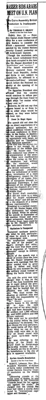 Nasser Bids Arabs Meet on U.N. Plan &mdash; The New York Times, 24 November 1967