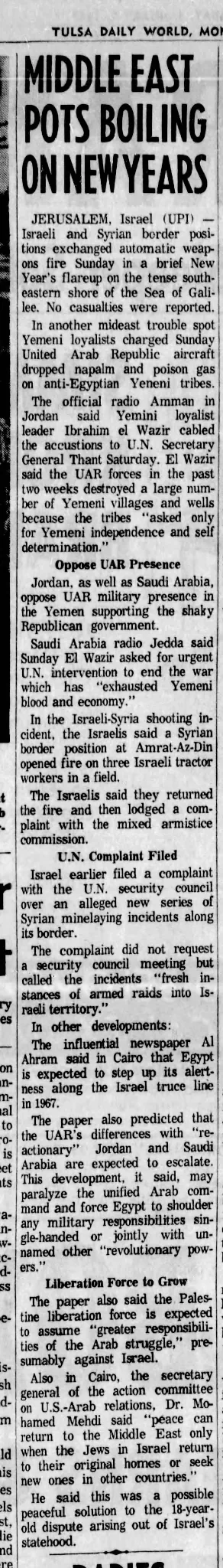 Middle East Pots Boiling on New Year's &mdash; Tulsa World, 2 January 1967