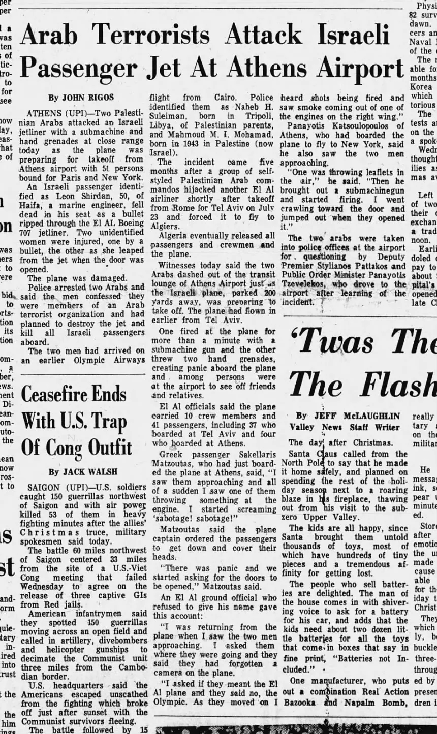 Arab Terrorists Attack Israeli Naval Office &mdash; Valley News, 26 December 1968