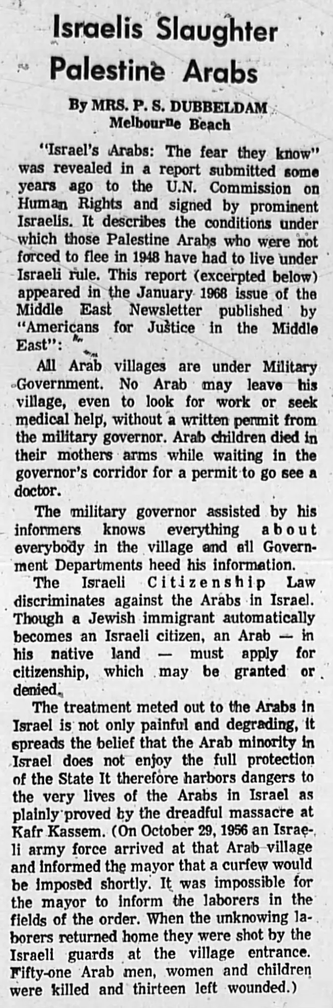 Israelis Slaughter Palestine Arabs &mdash; Florida Today, 13 February 1969