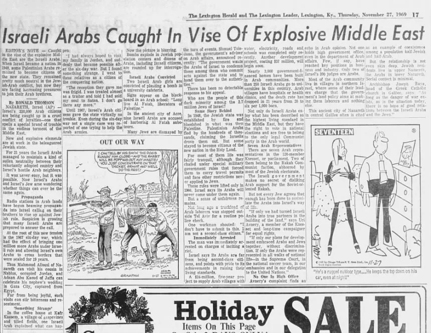 Israeli Arabs Caught In Vise Of Explosive Middle East &mdash; Lexington Herald LEader, 27 November 1969