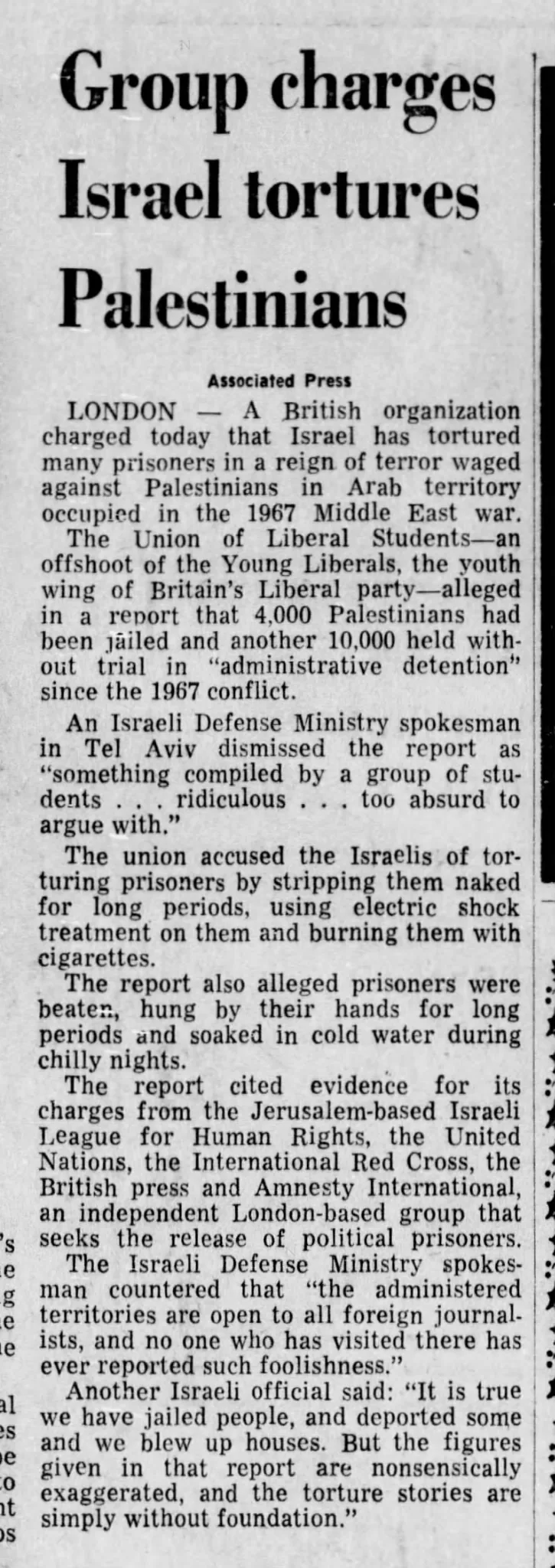 Group charges Israel tortures Palestinians &mdash; Courier Journal, 18 December 1972
