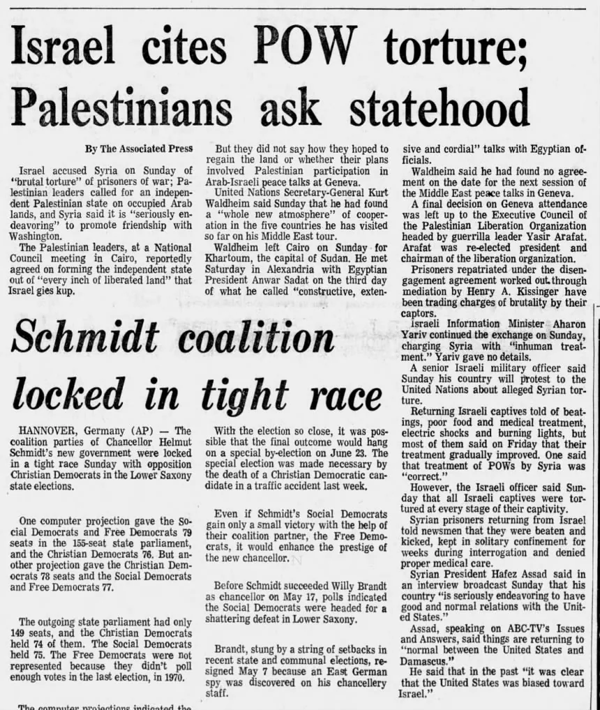 Israel cites POW torture; Palestinians ask statehood &mdash; The Morning Call, 10 June 1972