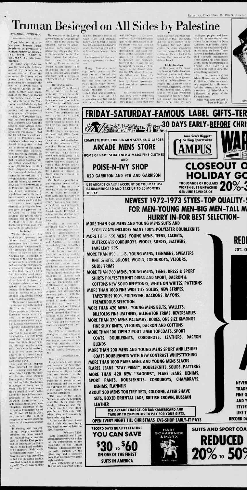 Truman Besieged on All Sides by Palestine &mdash; Times Record, 16 December 1972