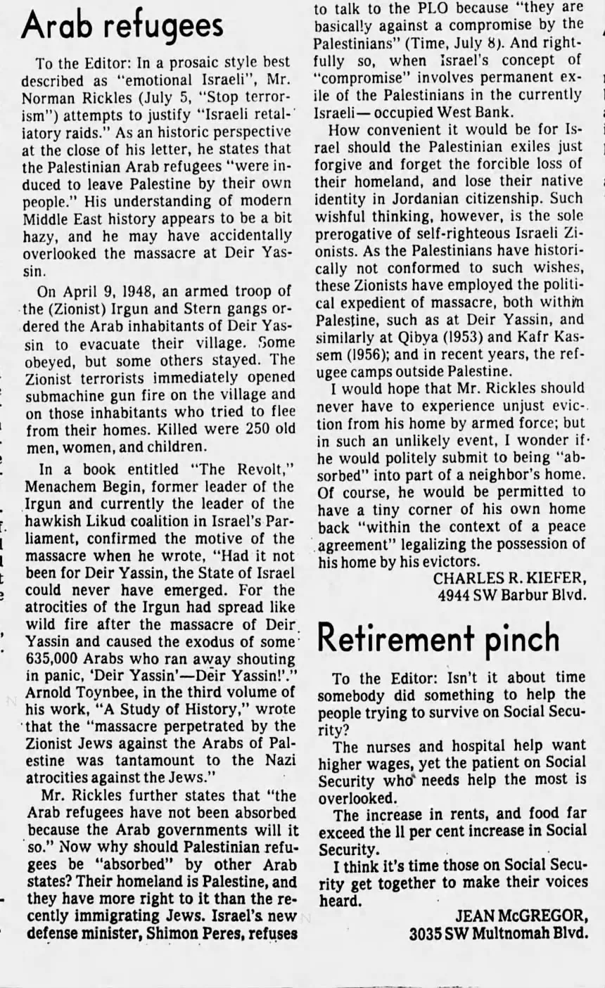Arab refugees &mdash; Oregonian, 15 July 1974