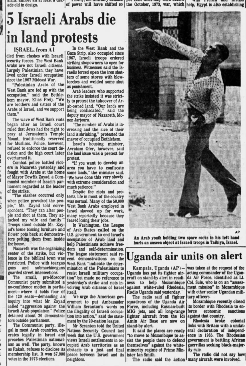 5 Israeli Arabs die in land protests &mdash; Baltimore Sun, 31 March 1976