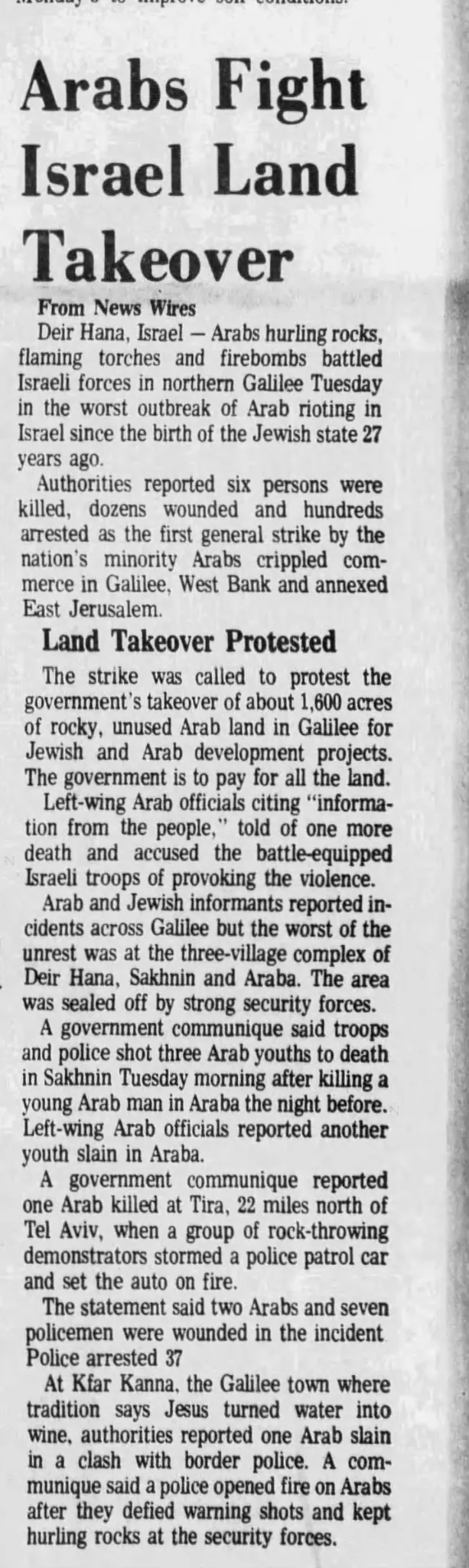 Arabs Fight Israel Land Takeover &mdash; Lincoln Journal Star, 30 March 1976