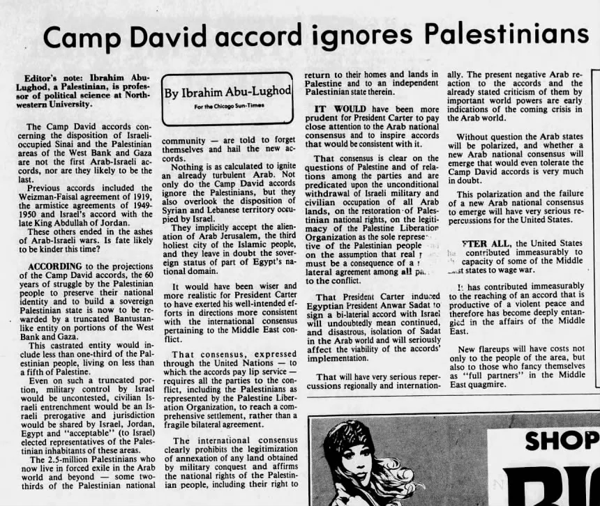 Camp David accord ignores Palestinians &mdash; Jackson Citizen Patriot, 3 October 1978