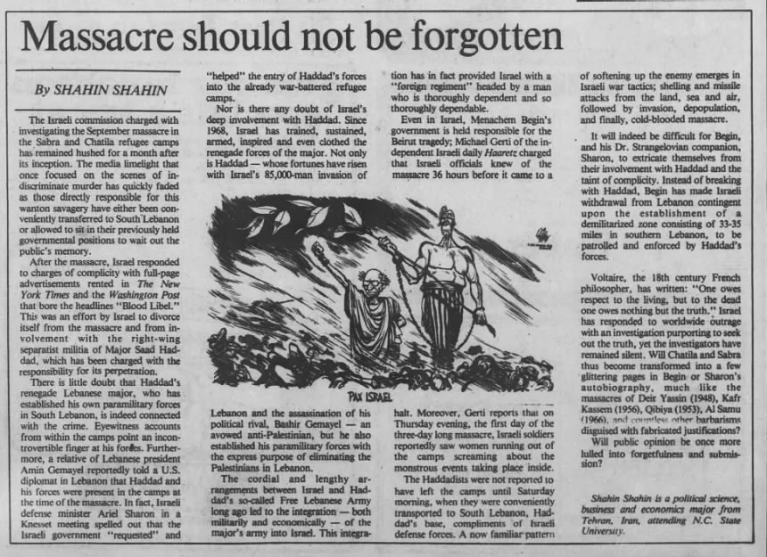 Massacre should not be forgotten &mdash; Daily Tar Heel, 26 October 1982