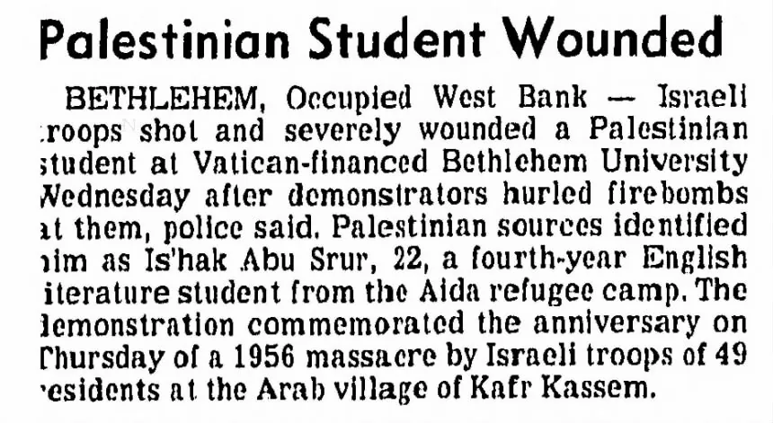 Palestinian Student Wounded &mdash; Daily Oklahoman, 29 October 1987