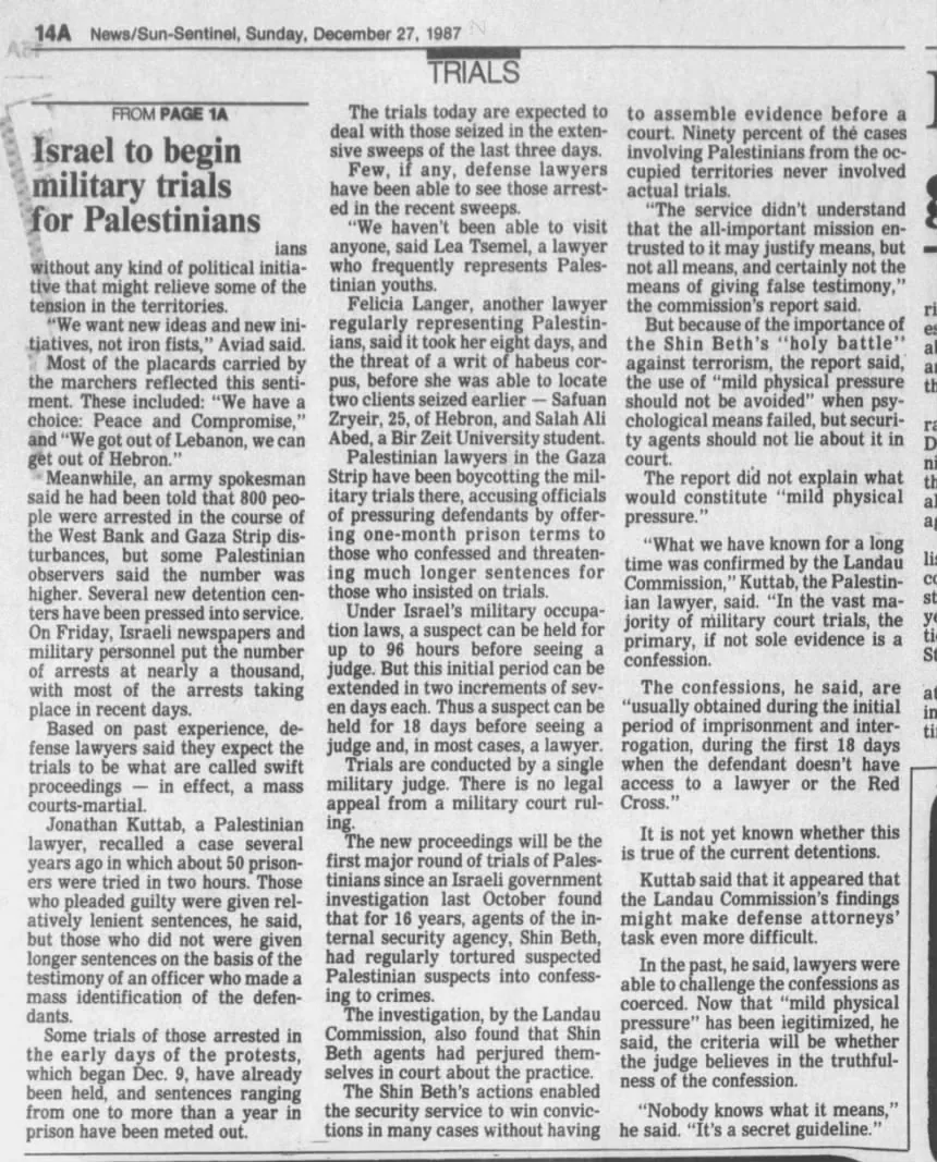 Israel to begin military trials for Palestinians &mdash; Fort Lauderdale News, 27 December 1987