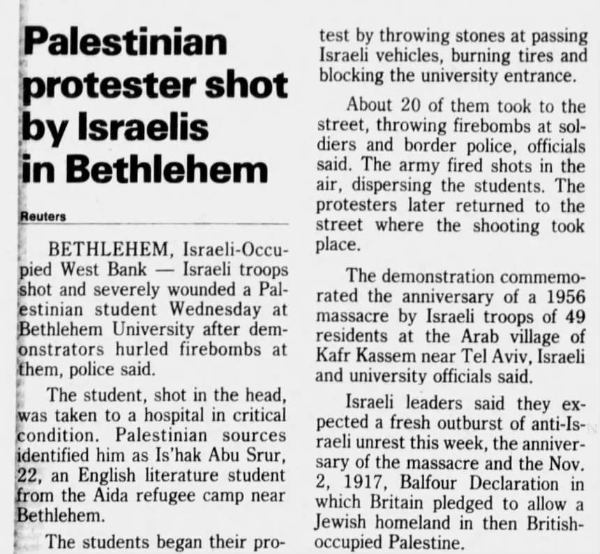 Palestinian protester shot by Israelis in Bethlehem &mdash; Tampa Bay Times, 29 October 1987