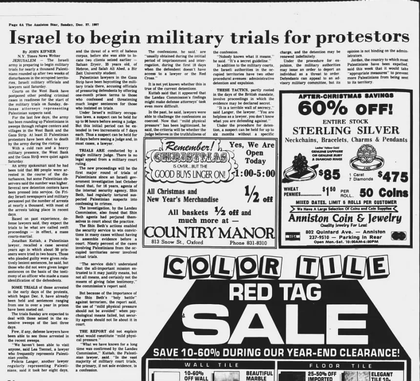 Israel to begin military trials for protestors — The Anniston Star, 27 December 1987